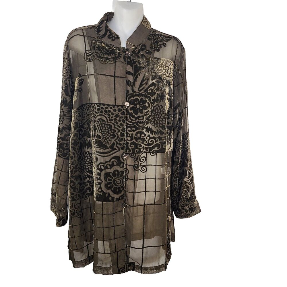 Coldwater Creek Womens Duster Jacket Petite Large Mandarin Collar Burnout Velvet